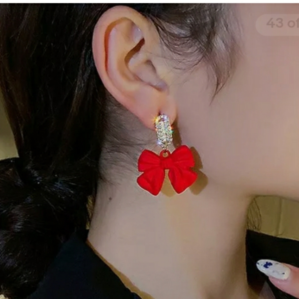 Red Structured Bow Drop Earrings Bling  Gift Party Holiday